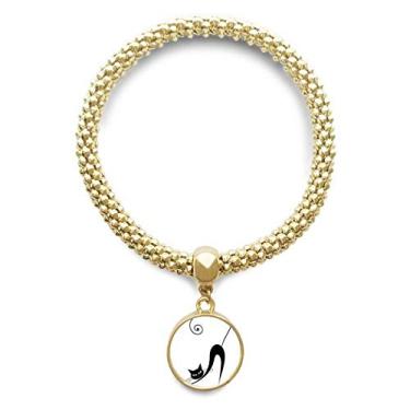 Imagem de DIYthinker Gato preto stretch Halloween Animal Art contorno dourado pulseira redonda pingente joia corrente