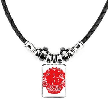 Imagem de DIYthinker Lanterna chinesa vermelha tradicional padrão colar bijuteria torque pingente de corda de couro