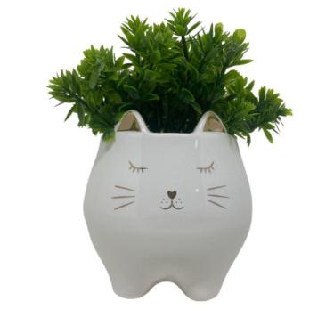 Imagem de Cachepot rosto de gatinho branco de cerâmica com planta
