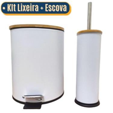 Imagem de Kit Lixeira Inox Banheiro Com Pedal E Bambu 5 Litros + Escova Sanitári