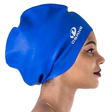 Imagem de Dsane Touca de natação extra grande para mulheres e homens, touca de natação de design especial para cabelos encaracolados muito longos e grossos e tranças de dreadlocks, silicone afros mantém seu cabelo seco (azul/GG)