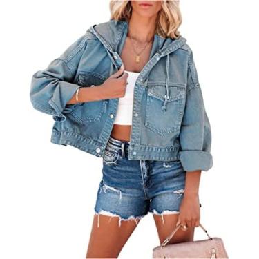 Imagem de Jaquetas Femininas Jaqueta Jeans Com Capuz Jaqueta Feminina De Manga Comprida Com Bolso Frontal Jaqueta Jeans Vintage Com Botão De Entalhe Casaco Curto Fino Para Festa,Azul,eu,Pleasant63