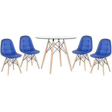 Imagem de Loft7, Kit Mesa de vidro Eames 90 cm + 4 cadeiras Eames Botonê Azul