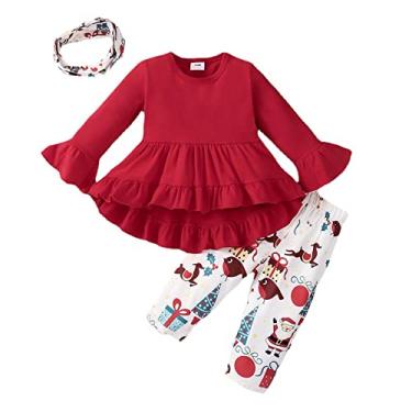 Imagem de Camiseta infantil feminina de Natal com babados e manga comprida, pulôver, estampas, recém-nascidas, roupas de bebê, Vermelho, 6-9 Meses