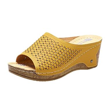 Imagem de Sandálias femininas de verão com salto inclinado inferior grosso confortáveis sandálias coloridas de pele de cobra para mulheres, Amarelo, 8