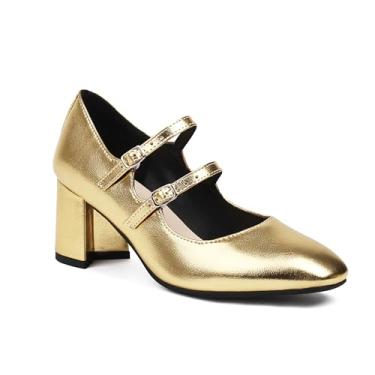 Imagem de BesoAbrazo Sapatos Mary Jane de salto grosso médio couro envernizado ajustável fivela dupla alça para mulheres, Dourado, 10
