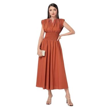 Imagem de Camisa Feminina Cotton Notched Neckline Shoulder Pad Dress (Color : Rust Brown, Size : L)
