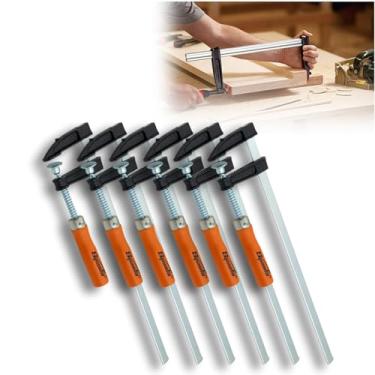 Imagem de Kit 6 Grampo Sargento Tipo F 12pol 30cm 63kg Ajuste Aperto Rápido Descerrar c/Cabo de Madeira P/Carpinteiro Marceneiro Fixação de Peças e Móveis 250x50x300mm