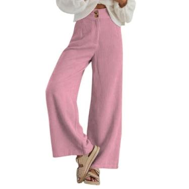 Imagem de Calça de veludo cotelê feminina 2023 casual cintura alta com botões duplos elástica ajuste solto perna larga A agasalho para, rosa, 3G