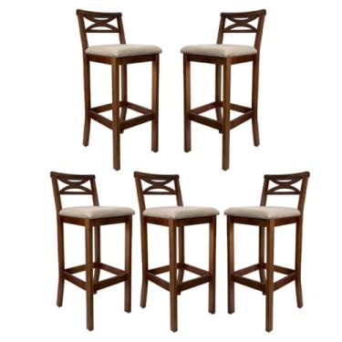 Imagem de Kit 5 Banquetas Alta X Estofada 38x104Cm Ilha Encosto Madri Madeira Maciça Castanho Suede Bege - CCS