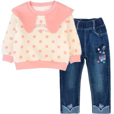 Imagem de Peacolate 2-7 anos primavera outono conjunto de roupas 2 peças camiseta e jeans, Ponto rosa, 6-7 Anos