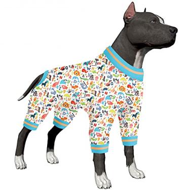 Imagem de LovinPet Macacão de cachorro extra grande para cirurgia masculina - camiseta com capuz para cães, tecido de flanela leve e elástico, estampa branca do alfabeto da Arca de Noé, pijamas para cães