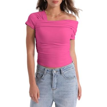 Imagem de YIAFDERY Camisetas femininas com ombros de fora, manga curta, Y2K, franzida, casual, caimento justo, Vermelho rosa, P