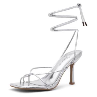 Imagem de Shoe Land Sandália feminina SL-Dafne bico quadrado com cadarço e salto agulha, 2201 prata, 8