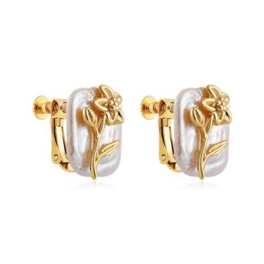Imagem de SLOONG Brincos de flor de nascimento, banhado a ouro 18 K, brincos de pérola de água doce para mulheres, piercing falso, pérolas barrocas, brincos de orelha, Cobre, Pérola