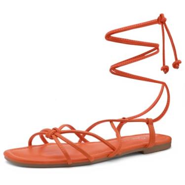 Imagem de Shoe Land Flashh Sandália rasteira feminina com cadarço quadrado aberto tiras cruzadas verão slides, 2022, laranja, 10