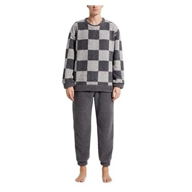 Imagem de Conjunto de pijama masculino de flanela, conjunto de pijama com estampa xadrez de 2 peças, conjunto de pijama combinando com cores, Cinza, XG