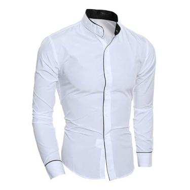 Imagem de Camisa slim fit clássica cor sólida minimalista gola alta com base de cardigã de patchwork personalizado, Branco, 3G