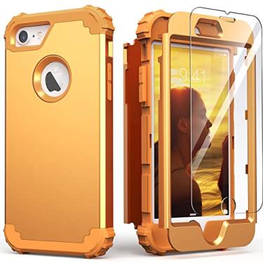Imagem de IDweel Capa para iPhone 8 com protetor de tela (vidro temperado), capa para iPhone 7, capa 3 em 1 híbrida à prova de choque resistente de policarbonato rígido de silicone macio durável amortecedora de corpo inteiro, capa durável, amarelo