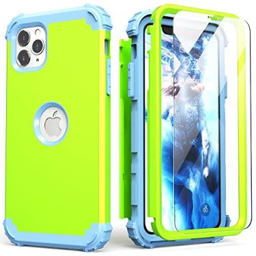 Imagem de IDweel Capa para iPhone 11 Pro Max com protetor de tela (vidro temperado), híbrido 3 em 1 à prova de choque proteção resistente capa de policarbonato rígido de silicone macio para meninas, verde grama/azul claro