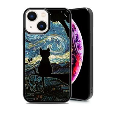Imagem de RSMTCI Capa de gato preto arte para iPhone 13 Mini capa de silicone ultra à prova de choque proteção engraçada linda abstrata céu estrelado capa de telefone para meninas mulheres capa de bebê, 5,4 polegadas preta