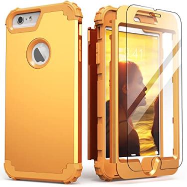 Imagem de IDweel Capa para iPhone 6S Plus com protetor de tela (vidro temperado), capa para iPhone 6 Plus, 3 em 1, à prova de choque, fina, híbrida, resistente, capa de policarbonato rígido, silicone macio, capa de corpo inteiro, amarelo