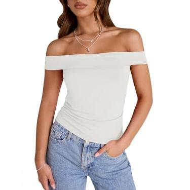Imagem de LUYAA Camiseta feminina com ombros de fora e manga curta, caimento justo, franzida, roupas modernas Y2K, Branco, G