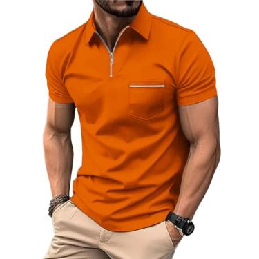 Imagem de ZITY Camisa polo masculina, casual, clássica, leve, de manga curta, gola de golfe com bolso, Laranja, M