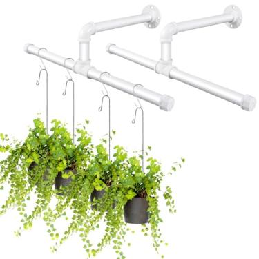 Imagem de Yoiemivy Pacote com 2 plantadores suspensos para plantas internas, varão, janela, prateleiras, metal, montagem na parede, suporte de plantador de tubo industrial de teto, branco (vaso e planta não