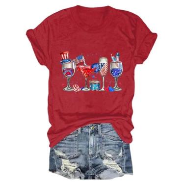 Imagem de Camiseta feminina de 4 de julho com estampa de taças de vinho, bandeira dos EUA, patriótica, gola redonda, manga curta, Vermelho, G