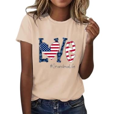 Imagem de 4th of July American Flag Love Print Shirts Independence Day Tops Verão Feminino Solto Manga Curta Túnica Gola Redonda Blusa, Bege, GG