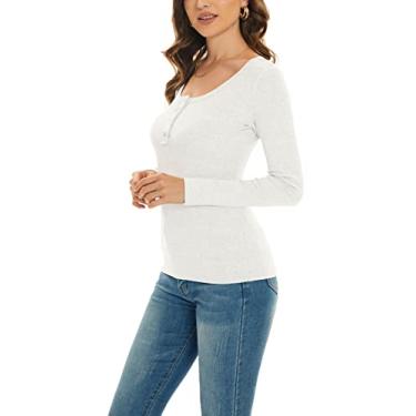 Imagem de Camisetas femininas Henley de manga comprida de malha canelada com botões e caimento justo e gola redonda, Branco, P
