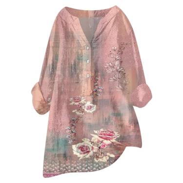Imagem de Camiseta feminina de algodão e linho, estampa floral, manga comprida, abotoada, gola V, casual, folgada, Vermelho melancia, 3G