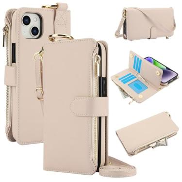 Imagem de Capa carteira para iPhone 13 mini [bloqueio RFID] [bolso com zíper] [porta-cartão] capa protetora flip de couro PU com corda transversal/pulso/anel capa de telefone masculina e feminina (branca)