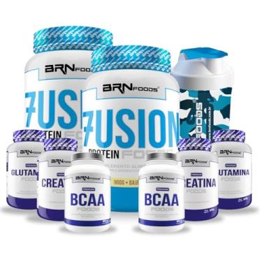 Imagem de Kit 2x Whey Fusion + 900g + 2x Bcaa 60 cáps + 2x Premium Creatina 100g + 2x Premium Glutamina 100g + Shaker Baunilha e Morango