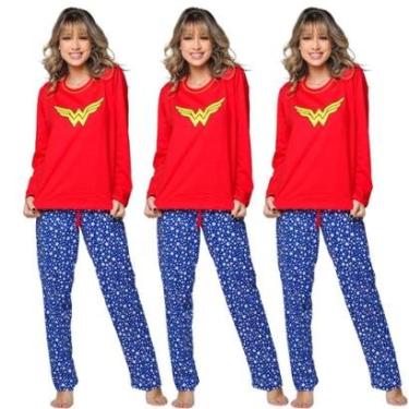 Imagem de KIT 3 Pijama Manga Longa Bella Fiore Estampado Mulher Maravilha Roupa Para Inverno Linha Noite-Feminino