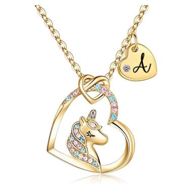 Imagem de Rucher Presentes de Dia dos Namorados para meninas – Colar de unicórnio para meninas com pingente de coração inicial e caixa de presente, joia infantil moderna em ouro 18K, colar de coração colorido