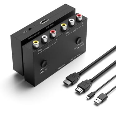 Imagem de Conversor de 2 AV para HDMI, 1080P/720P 2 portas RCA composto CVBS AV switch para conversor HDMI compatível com comutação 4: 3/16:9, para TV, PC, PS2, PS3, N64, NGC SNES WII VHS VCR, DVD-preto
