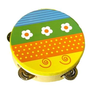Imagem de Tachiuwa Tamborim de mão de madeira, instrumentos de percussão de pandeiro de fileiras duplas, tamborim de mão, sino de tambor para crianças cantando, Flor, 15cm