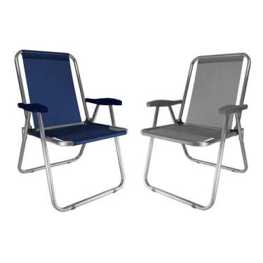 Imagem de Kit 2 Cadeira Max Alumínio Praia Piscina Camping Até 140 Kg Cinza Azul