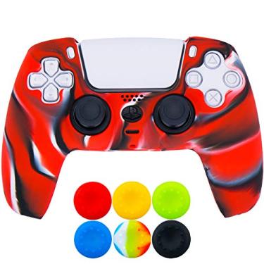 Imagem de 9CDeer 1 capa protetora de silicone grossa + 6 pegas de polegar para PlayStation 5/PS5 Camuflagem vermelha