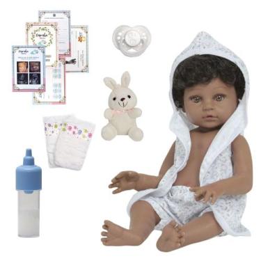 Imagem de Bebê Reborn Masculino Cabelo Cacheado 46cm Roupão Coelho - Cegonha Reb
