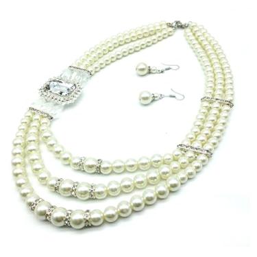 Imagem de Conjunto de brincos de colar de pérolas de noiva, conjunto de joias para mulheres, multicamadas, strass, gargantilhas, conjunto de brincos, damas de honra, formatura, acessórios de bijuteria, Large,