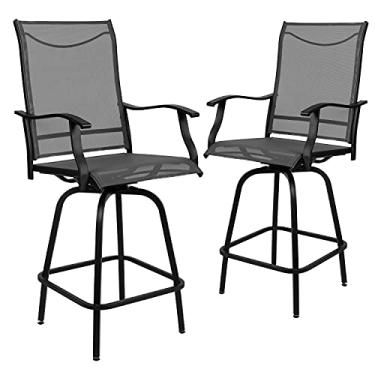 Imagem de Flash Furniture Conjunto de 2 banquetas com altura para bar de pátio, banquetas giratórias têxtilene para todos os climas e cadeiras de deck com encosto alto e apoios de braço em cinza