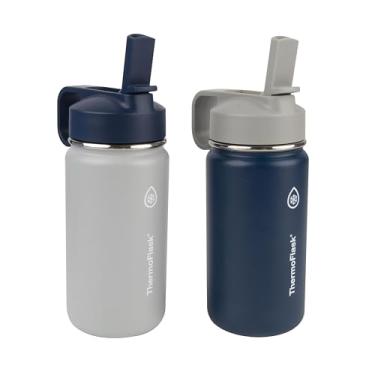 Imagem de ThermoFlask Garrafa infantil com tampa de canudo – Garrafas de água e tampas duráveis e laváveis na máquina de lavar louça – Design de tampa de garrafa à prova de vazamento – Garrafas de água