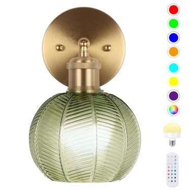 Imagem de EIDEARAY Arandela de parede operada por bateria, arandela de parede vintage com abajur de vidro tulipa verde profundo recarregável, luz de parede com controle remoto, arandelas de parede sem fio, para