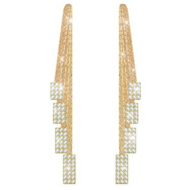 Imagem de KristLand - S925 Brincos de prata / liga de liga elegante corrente de borla de ouro brincos de pingente de franja de cristal simples e delicados, Cristal, Cristais