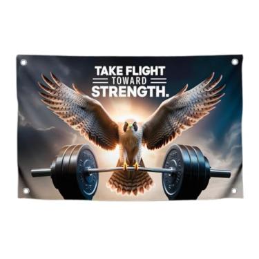 Imagem de Bandeira com frase "Take Flight To Ward Strength" com quatro argolas de latão - Bandeira esportiva de poliéster para pátio externo ou interno - Decorações de parede em Eagles e faixa de ginástica