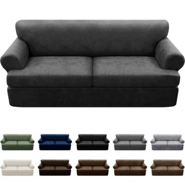 Imagem de Pfrstuv 3 capas de sofá em T com aparência de couro, capa de sofá para 2 almofadas, protetor de móveis, capa de sofá elástica com 2 capas de assento de almofada em T individuais, lavável, cinza escuro