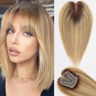 Imagem de starluck Toppers De Cabelo De 14 Polegadas Para Mulheres, Cabelo Humano Real, 4,5" * 5" Base De Renda Suíça, Topper De Cabelo Amarrado À Mão Com Franja, Loiro Ombré Com Mechas, Topper De Cabelo Para